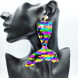 Creative Reflective Sequins Mermaid Tail gold post long Earrings for single ear